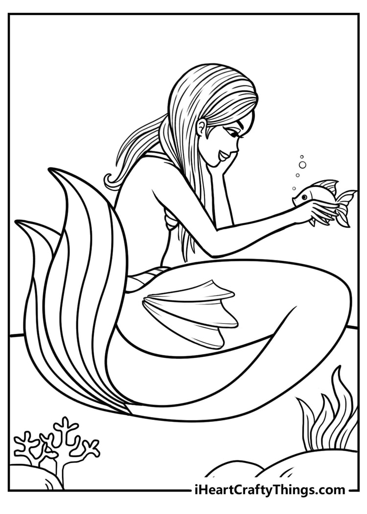 Detailed drawing for children featuring mermaid comforting a fish who looks a little sad