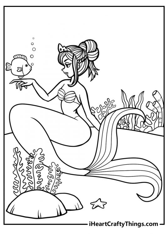 Coloring image of a royal mermaid with a small crown on a tied-up hair greeting a fish who floats by her