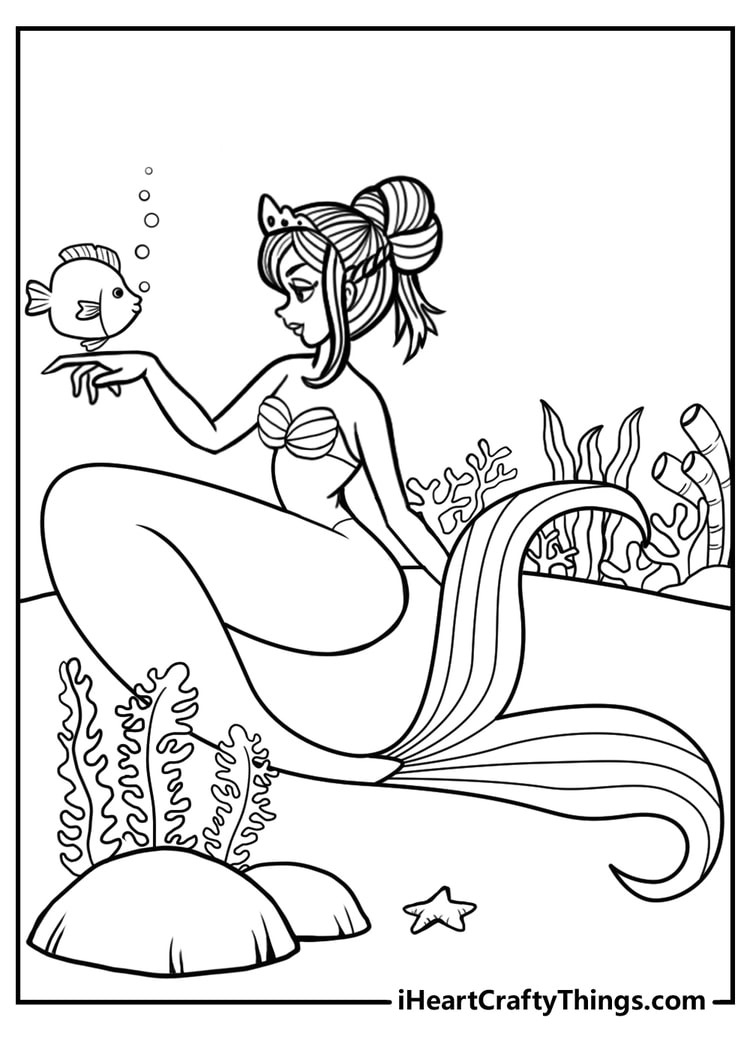 Coloring image of a royal mermaid with a small crown on a tied-up hair greeting a fish who floats by her