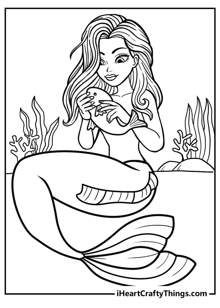 Detailed printable coloring sheet featuring mermaid under the sea holding a little fish