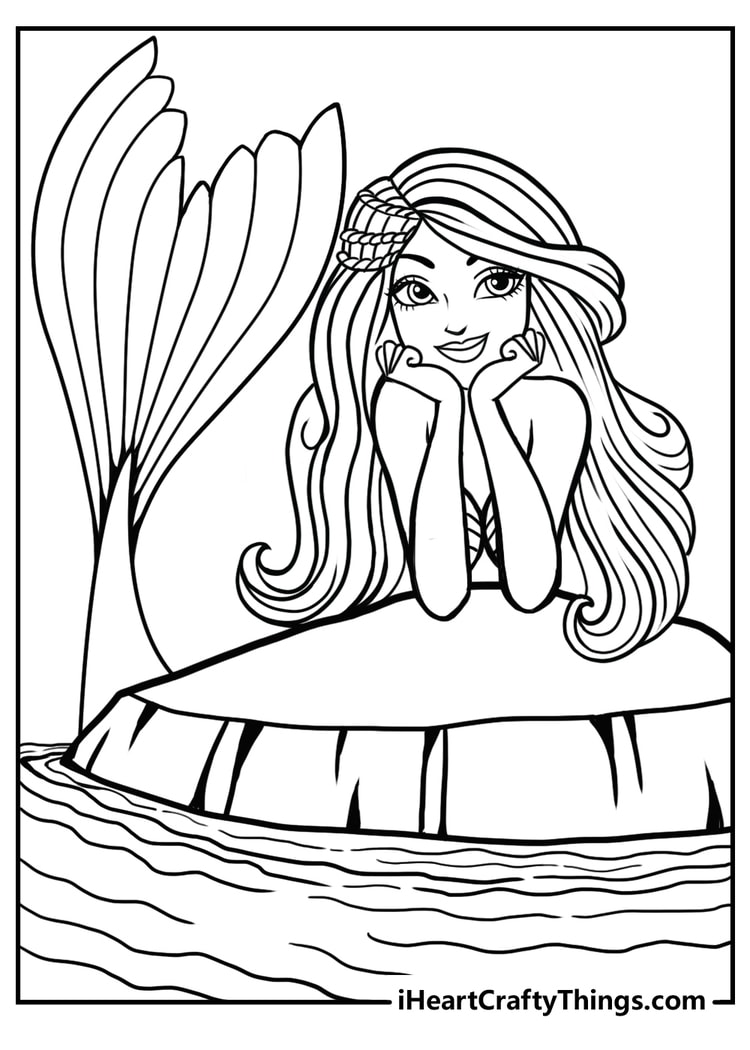 Free coloring page for children depicting a mermaid resting on a rock with her head in her hands