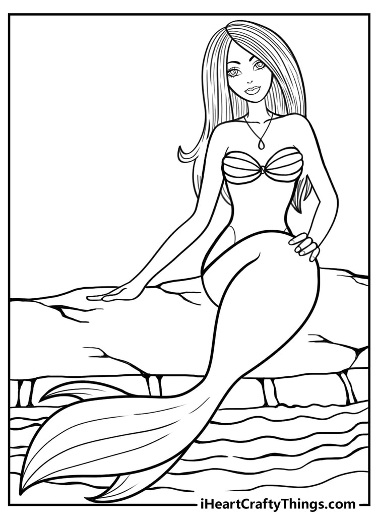 Detailed coloring page presenting magical mermaid sitting on a rock and patting the space next to her