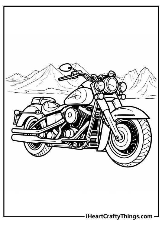 Printable pdf to color of a cruiser motorcycle parked in front of beautiful mountain scenery
