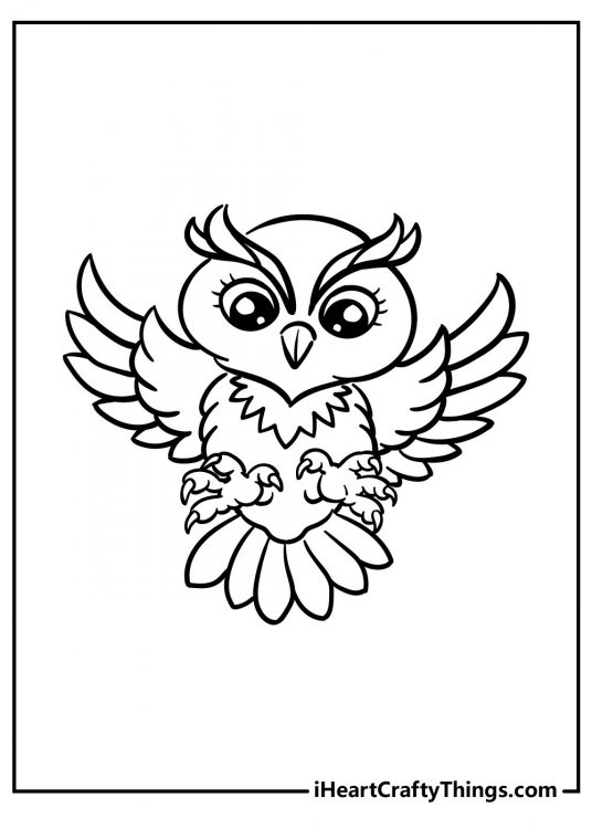 Detailed coloring picture for children featuring an owl with widely spread wings and sharp talons
