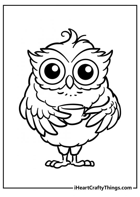 Printable card featuring cartoonish owl with wide-opened eyes sipping on a cup of coffee