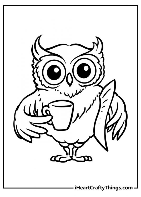 Coloring page for kids featuring an owl enjoying a cup of coffee or tea and reading a newspaper
