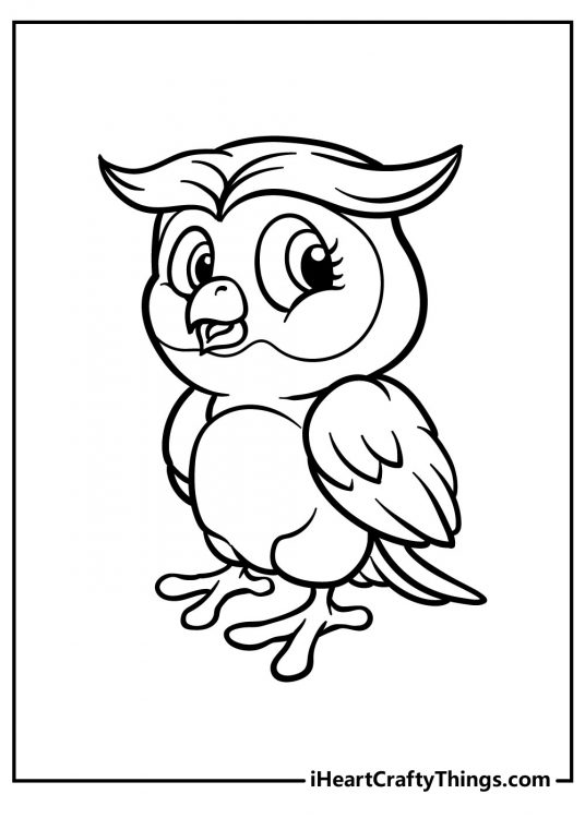 Free coloring sheet for kids depicting cartoony owl with hair on the top of its head combed down the middle