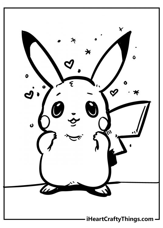 Free printable depicting Pikachu with little hearts and sparkles around his head