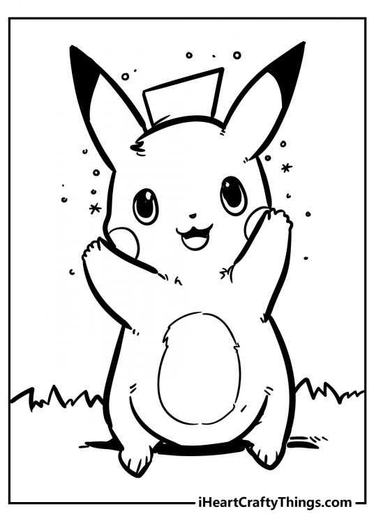 Free printable coloring page presenting cheerful Pokemon Pikachu happily waving both paws