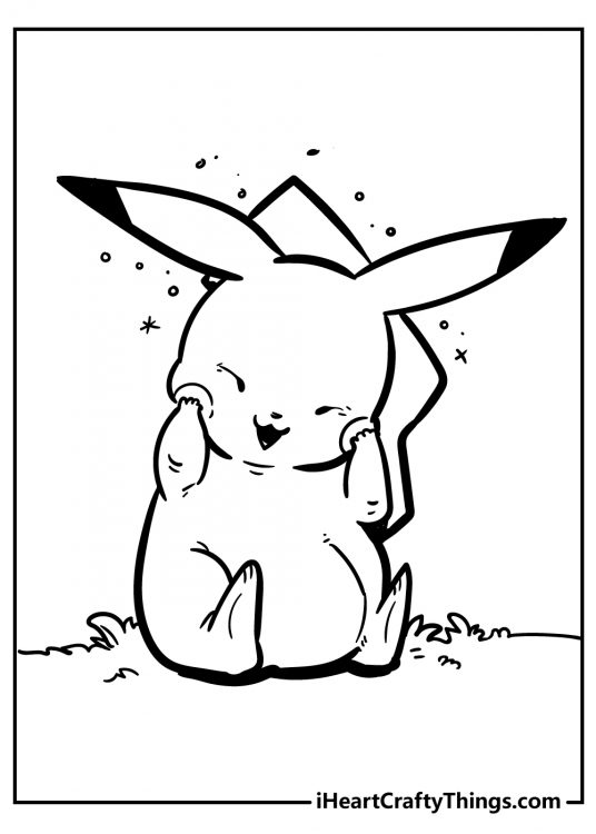 Picture for kids of a Pikachu sitting on the floor and laughing while holding his cheeks