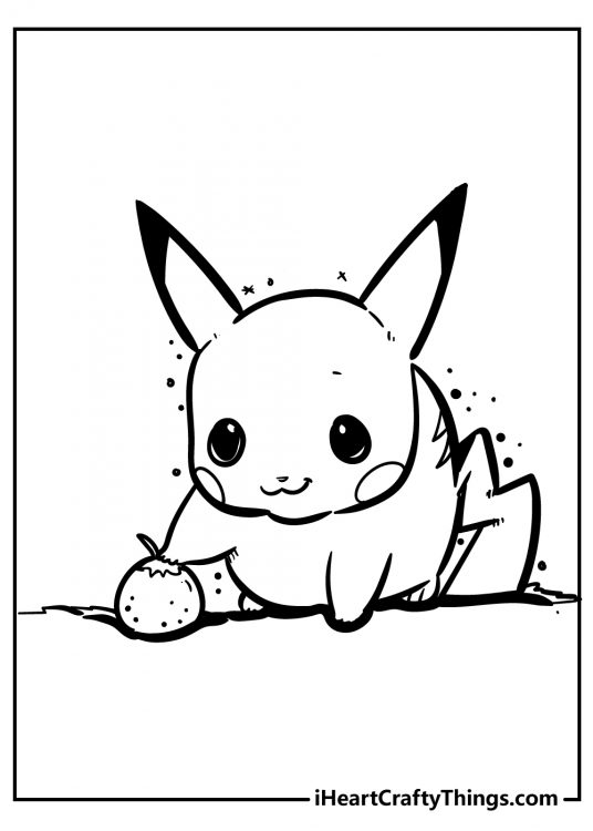 Free printable pdf for children depicting Pokemon Pikachu finding a treat on the ground