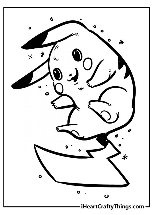 Image to print and color presenting happy Pikachu flying through the air with sparkles all around him