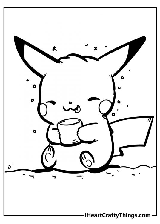 Printable coloring drawing of a Pikachu licking his lips while holding a cup of drink
