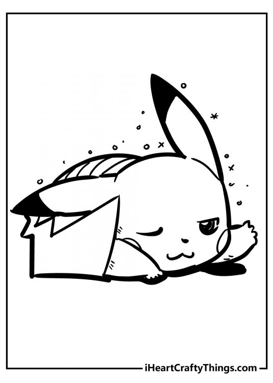 Coloring poster for kids depicting Pikachu looking very tired as he is laying down to rest