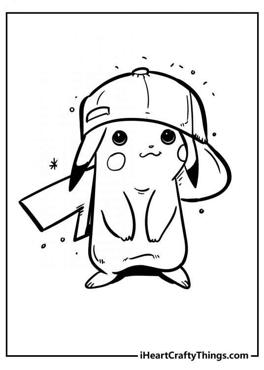 Free printable coloring picture featuring Pokemon Pikachu wears Ash’s hat which is a little too big