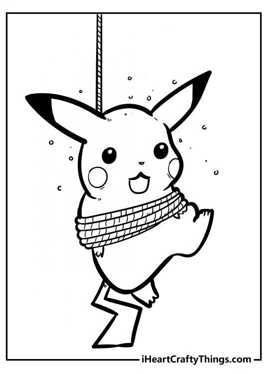 Detailed coloring image for kids featuring Pikachu being hoisted into the air by a rope