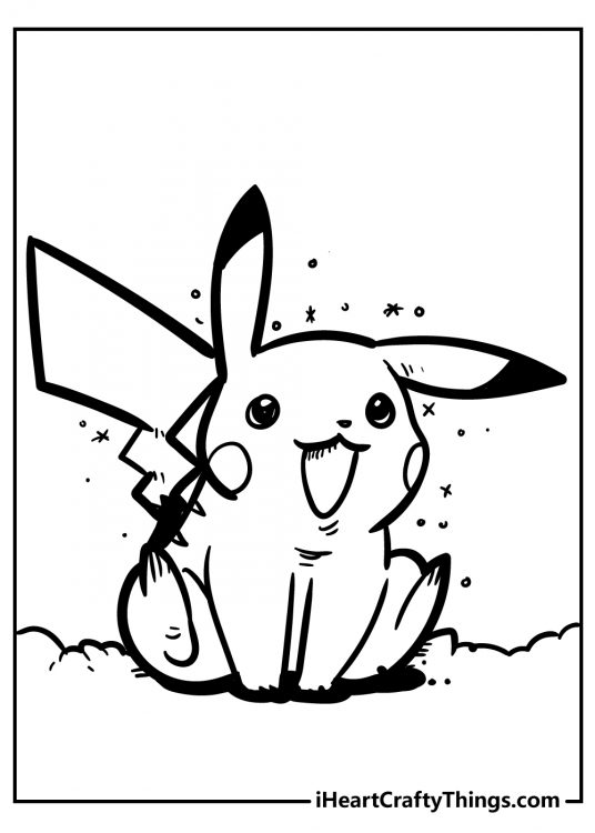 Drawing for children featuring excited Pikachu sitting with his front paws on the ground