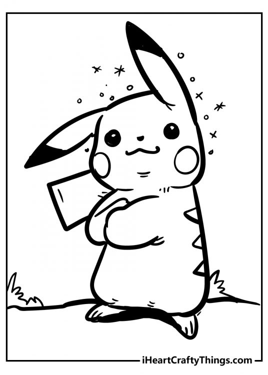 Printable picture presenting cute Pikachu with his paws crossed in front of him