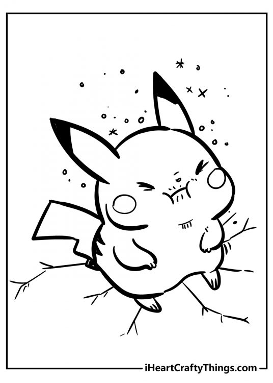 Free printable image depicting Pikachu squeezing his eyes shut and holding his breath