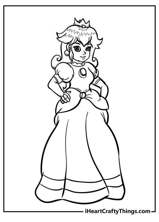 Free printable pdf featuring detailed portrayal of Super Mario character Princess Peach