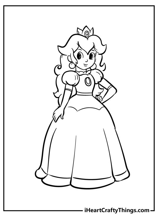 Free picture to print and color capturing Princess Peach from Super Mario posing like royalty