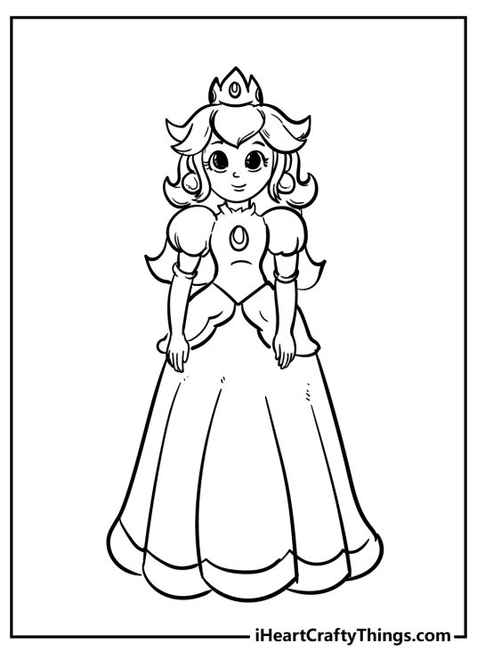 Printable coloring drawing featuring Princess Peach in her classic white and pink dress
