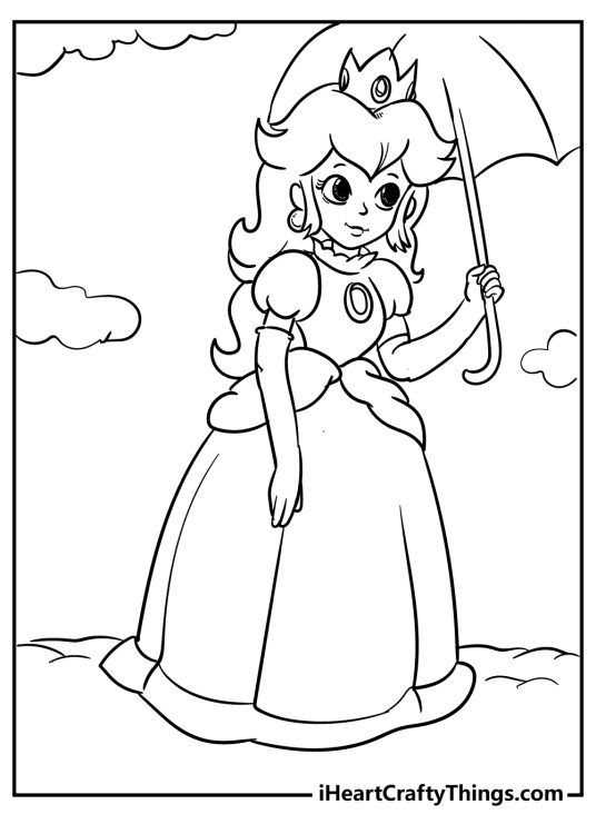 Picture for children featuring Princess Peach taking a stroll outdoors with an umbrella