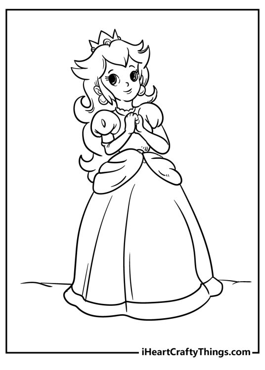 Printable coloring sheet featuring great portrayal of Princess Peach looking very dreamy