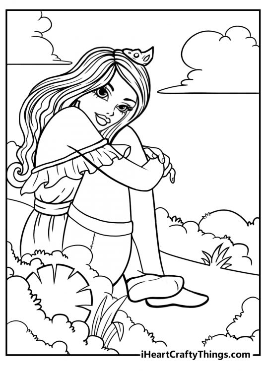 Detailed coloring paged of a princess enjoying a calm moment sitting on a hilltop with her arms around her knees
