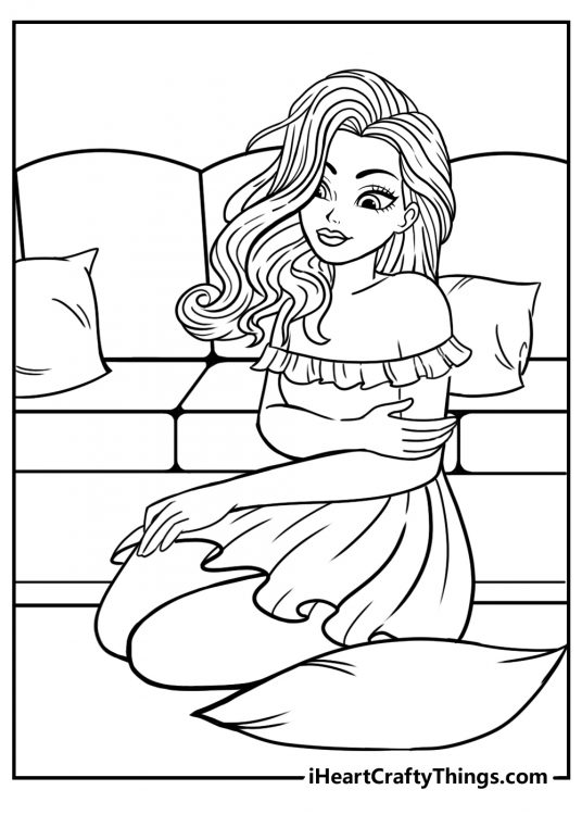Printable coloring pdf for children featuring princess sitting on the floor beside the couch