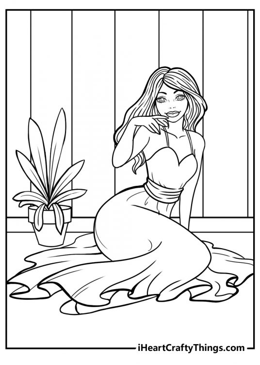 Printable coloring picture presenting a princess posing on the floor next to a house plant