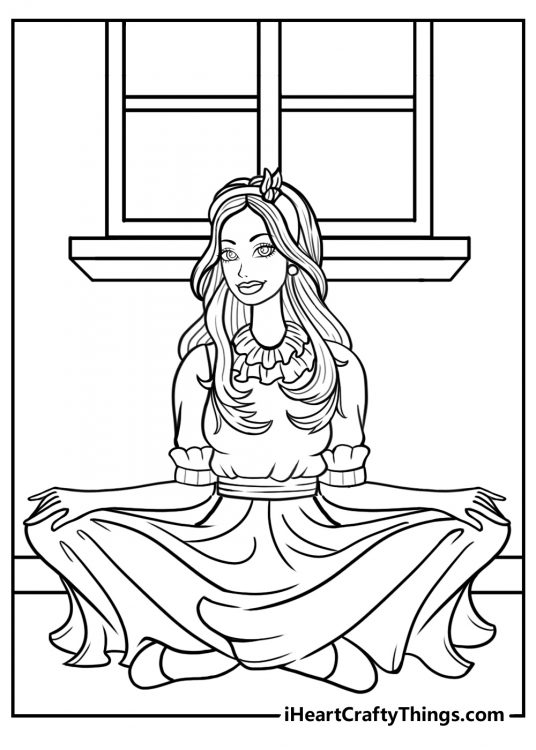 Free pdf to print and color of a princess sitting cross-legged in a long dress and meditating