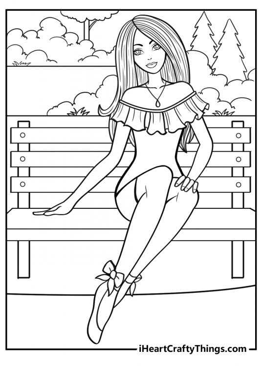 Printable image depicting princess sitting on a bench with a field and trees in the background