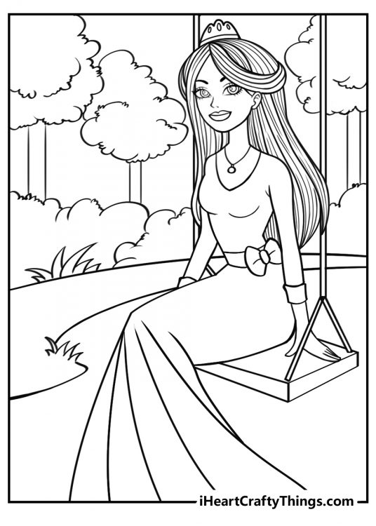 Free coloring printable featuring princess wearing a crown sitting on a swing in the park