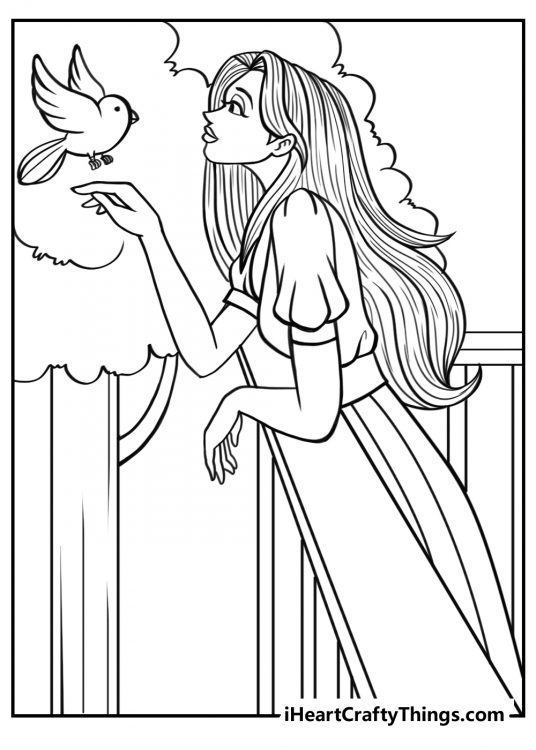 Coloring page to print featuring beautiful princess leaning over her balcony to reach a fluttering bird