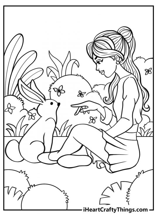 Free printable coloring page for children of a princess making friends with a bunny in the forest