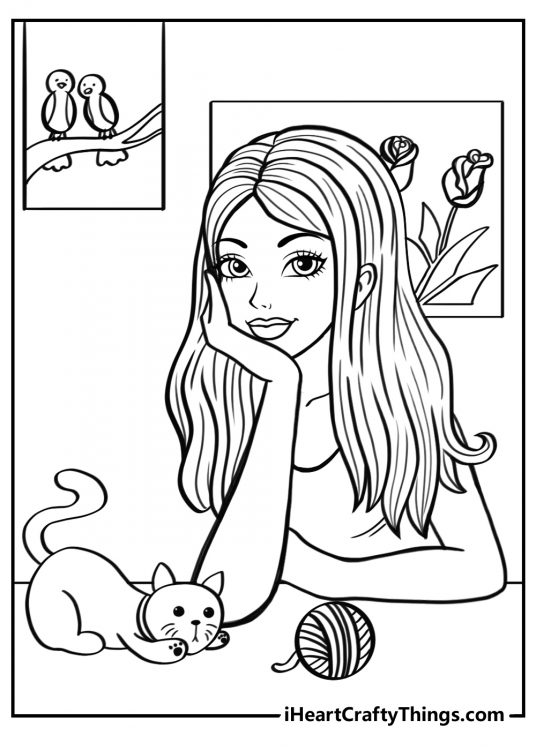 Printable card featuring princess sitting at a table with her cat playing with a ball of yarn in front of her