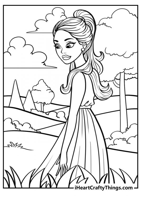 Printable drawing for kids of a princess on a walk in a beautiful park with many hills in the horizon