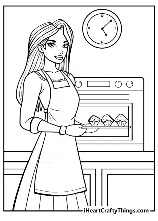 Free printable pdf featuring princess standing next to the oven with some fresh muffins