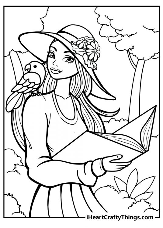 Detailed coloring image featuring princess on a walk in a sun hat with a parrot perched on her shoulder