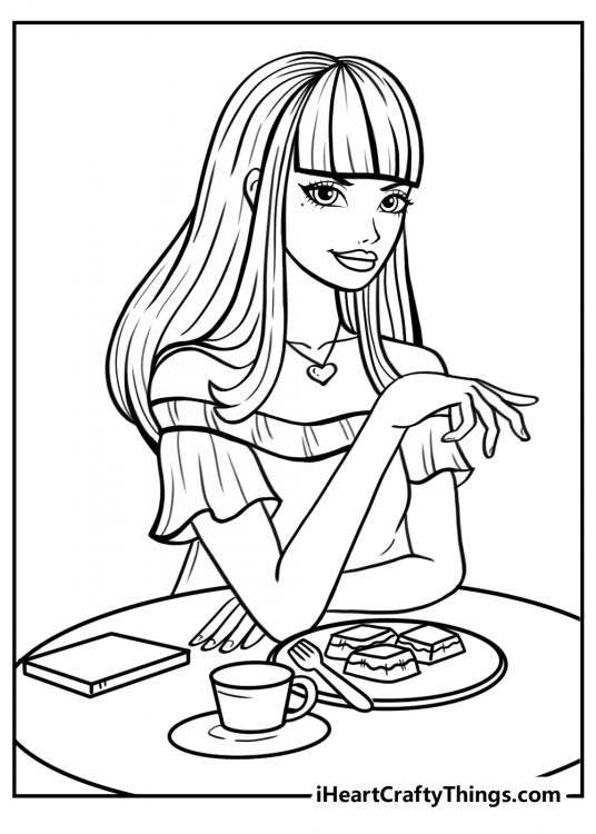 Coloring page for kids of an elegant princess sitting at the cafe table with a cup of coffee and dessert
