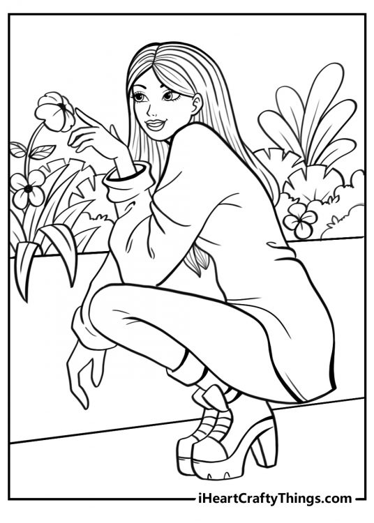 Deatiled coloring printable featuring princess squatting down to smell the flowers