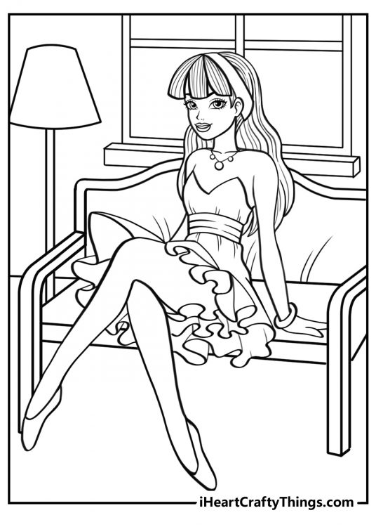 Detailed coloring picture presenting princess in a short dress relaxing on the couch at home