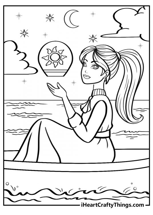 Free pdf featuring princess on a water in a little boat with a moon, stars, clouds and a lantern in the sky
