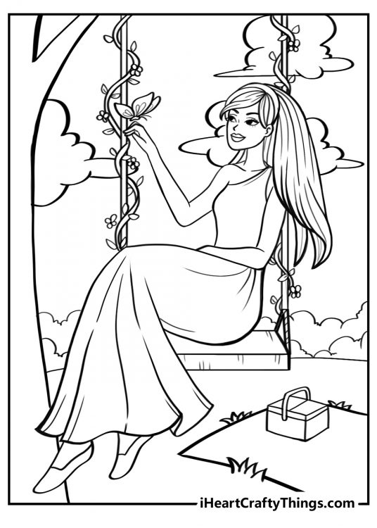Printable drawing presenting princess sitting on a swing in the park while a butterfly flutters by her hand