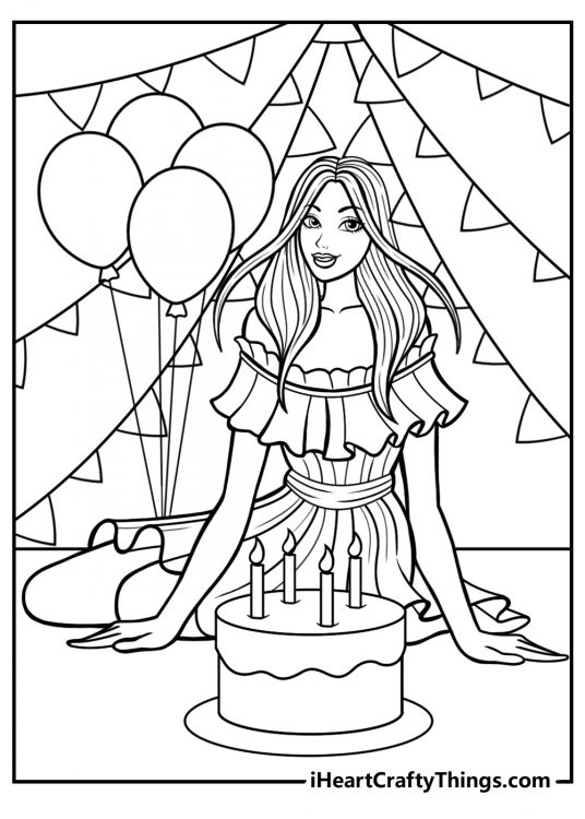 Printable image of a princess ready to blow out her birthday candles surrounded by streamers and balloons