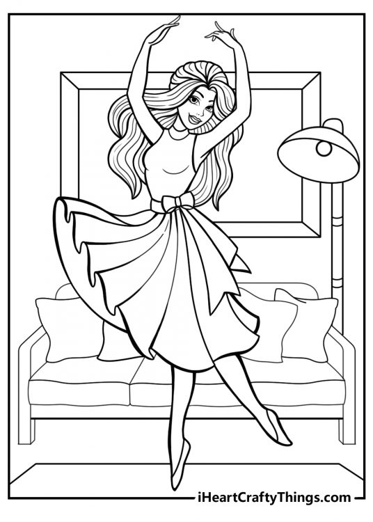 Free printable coloring picture of a princess dancing around the room like a ballerina