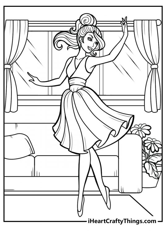 Detailed printable pafe featuring princess gracefully dancing in the room with one arm raised