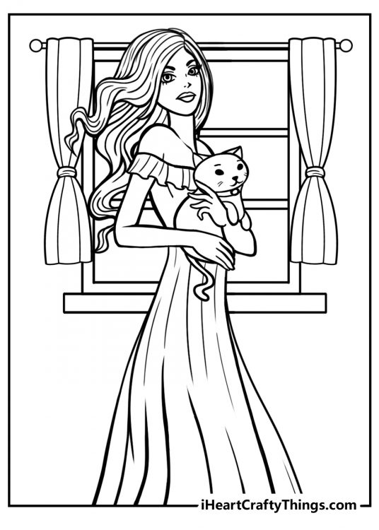 Printable drawing for kids of a beautiful princess in long dress carrying her pet cat through her home