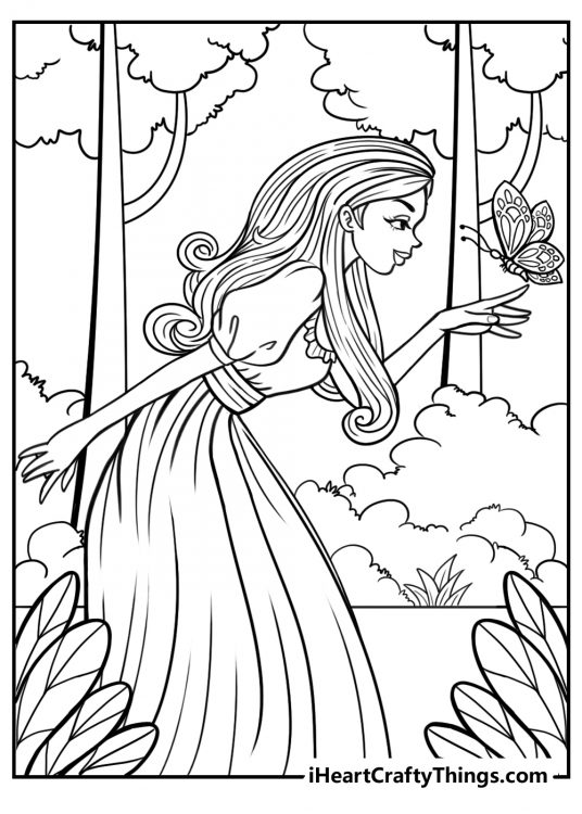 Coloring page of a princess greeting a beautiful butterfly in the forest and letting it flutter on her fingertips